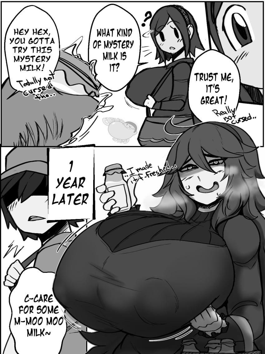 1boy 1girls 2024 2024_pokemon_teraleak ahoge beta_hex_maniac big_breasts comic covered_nipples english_text erection female female_focus heart-shaped_pupils hex_maniac huge_breasts implied_lactation jyto milk monochrome nintendo nipple_bulge pokemon pokemon_xy