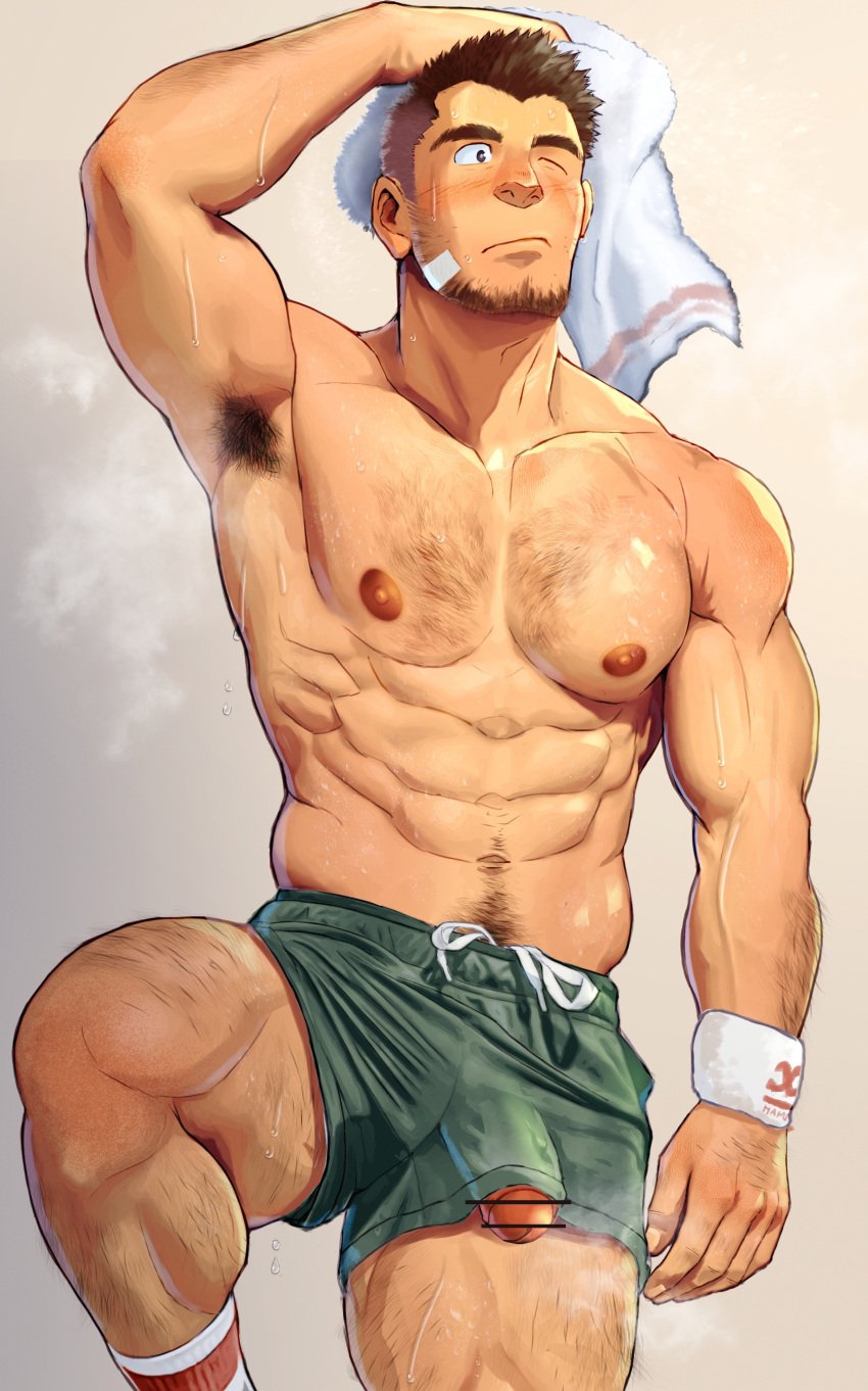 1boy abs absurdres arm_hair arm_up armpit_hair armpits bandaid bandaid_on_cheek bandaid_on_face bar_censor bara beard_stubble black_hair blush bulge censored chest_hair closed_mouth cowboy_shot erection erection_under_clothes facial_hair gradient_background green_shorts hairy half-erect hand_on_own_head highres large_pectorals leg_hair leg_up looking_to_the_side male male_focus male_only mature_male muscular muscular_male navel_hair nipples one_eye_closed original pectorals penis penis_peek penis_slip short_hair shorts sideburns simple_background socks solo steaming_body stubble suamaru sweat thick_eyebrows towel towel_on_head white_wristband