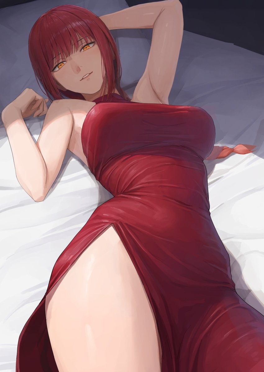 absurdres ano_(gccx8784) armpits bed bed_sheet braid braided_ponytail breasts chainsaw_man commentary covered_navel dress female highres large_breasts light_smile looking_at_viewer lying lying_on_bed makima_(chainsaw_man) on_back on_bed orange_eyes pillow red_eyes ringed_eyes single_bare_leg sleeveless sleeveless_dress solo