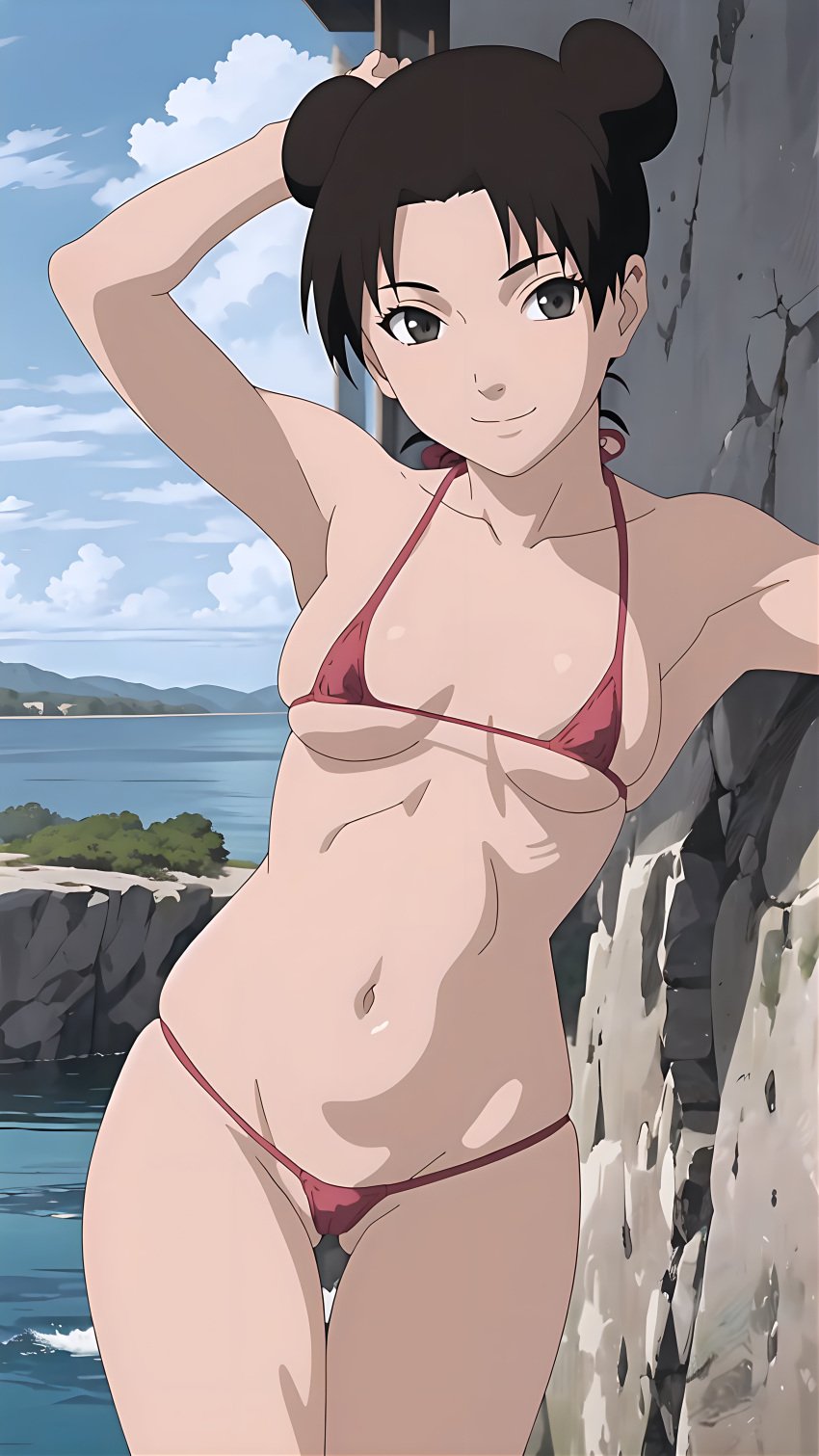 1girls adapted_costume against_surface ai_generated arm_behind_head arm_support athletic athletic_female bare_legs bare_midriff bare_shoulders beach bikini bikini_bottom bikini_top breasts brown_eyes brown_hair cleavage cowboy_shot curvaceous curvy curvy_figure double_bun hair_bun highres legs_together looking_at_viewer medium_breasts micro_bikini midriff nai_diffusion naruto naruto_(series) naruto_shippuden navel ocean okawari oppai petite pinup sand seaside sitting smile solo spread_legs stable_diffusion standing swimsuit tenten tight_bikini twin_buns upper_body water