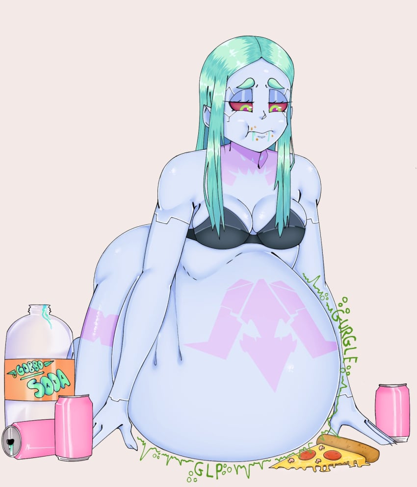 1girls big_belly bottomless breasts clothing crumbs cyberpunk:_edgerunners female female_only food goblitch green_eyes long_hair mostly_nude narrowed_eyes overeating overweight pizza rebecca_(edgerunners) red_sclera soda soda_can solo solo_female tagme teal_hair weight_gain