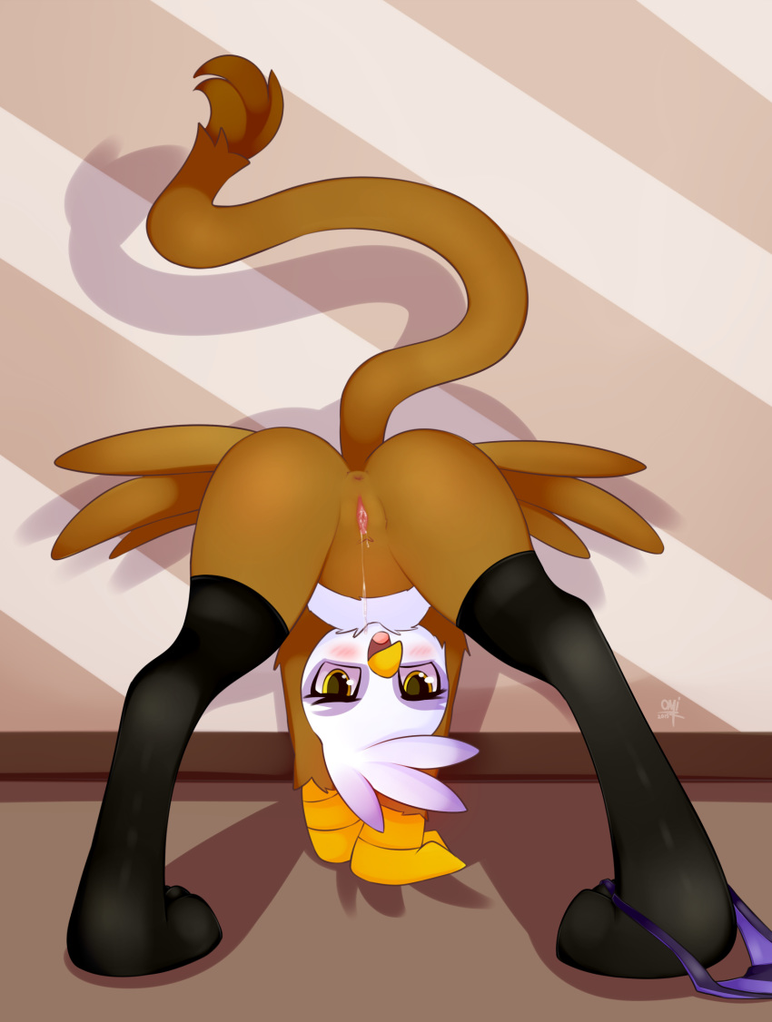 ass avian beak blush brown_fur clothing female feral friendship_is_magic from_behind fur gilda_(mlp) gryphon mammal my_little_pony nude omiart open_mouth presenting presenting_hindquarters pussy pussy_juice simple_background solo tongue wet wings yellow_eyes