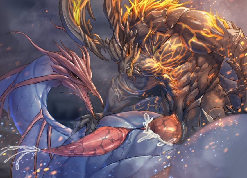 anal anal_sex bodily_fluids duo elemental_creature erection feral final_fantasy final_fantasy_xvi fire fire_creature genital_fluids genitals hi_res horn ifrit_(final_fantasy) ifrit_(final_fantasy_xvi) leviathan_(final_fantasy_xvi) leviathan_(final_fantasy_xvi) male male/male male_penetrated male_penetrating male_penetrating_male megahamco nude penetration penile penis sex square_enix