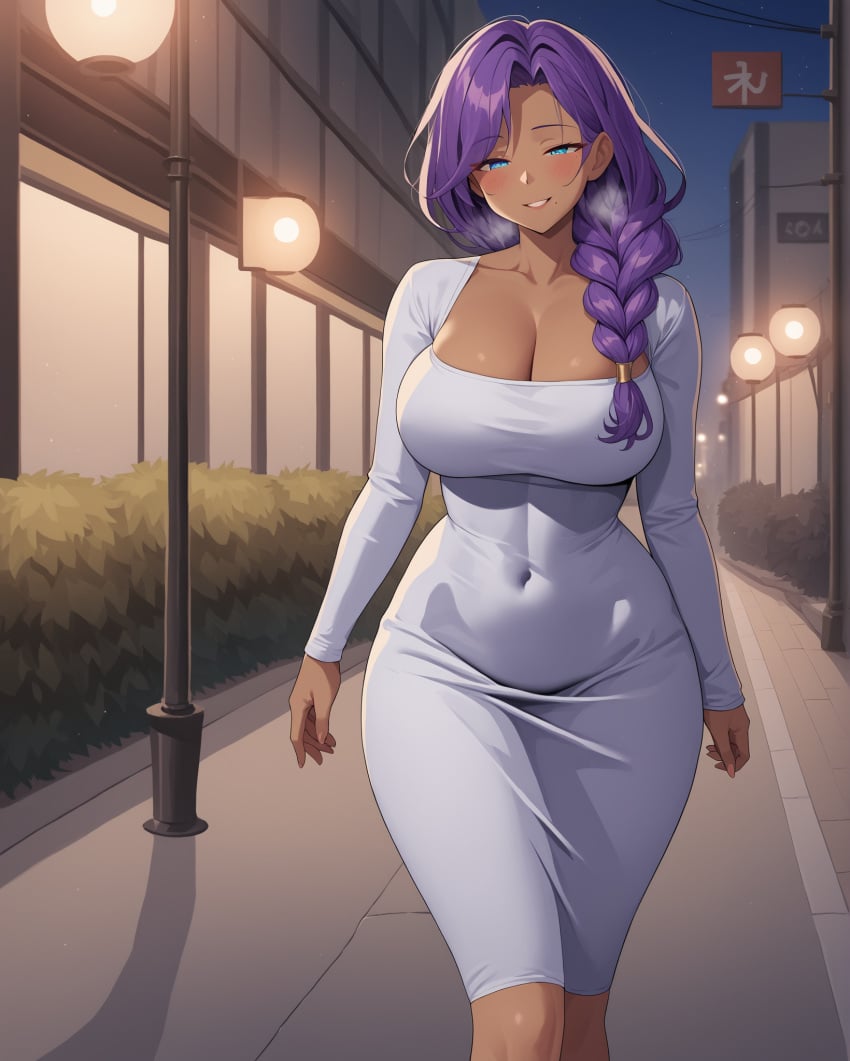 1girls ai_generated blue_eyes blush braid breasts cha_cha_(vtuber) cleavage collarbone covered_navel curvy dongtan_dress female hair_over_shoulder heavy_breathing indie_virtual_youtuber large_breasts long_hair looking_at_viewer mature_female milf mole mole_under_mouth night notreallyhere parted_bangs purple_hair smile solo street virtual_youtuber vtuber walking wide_hips