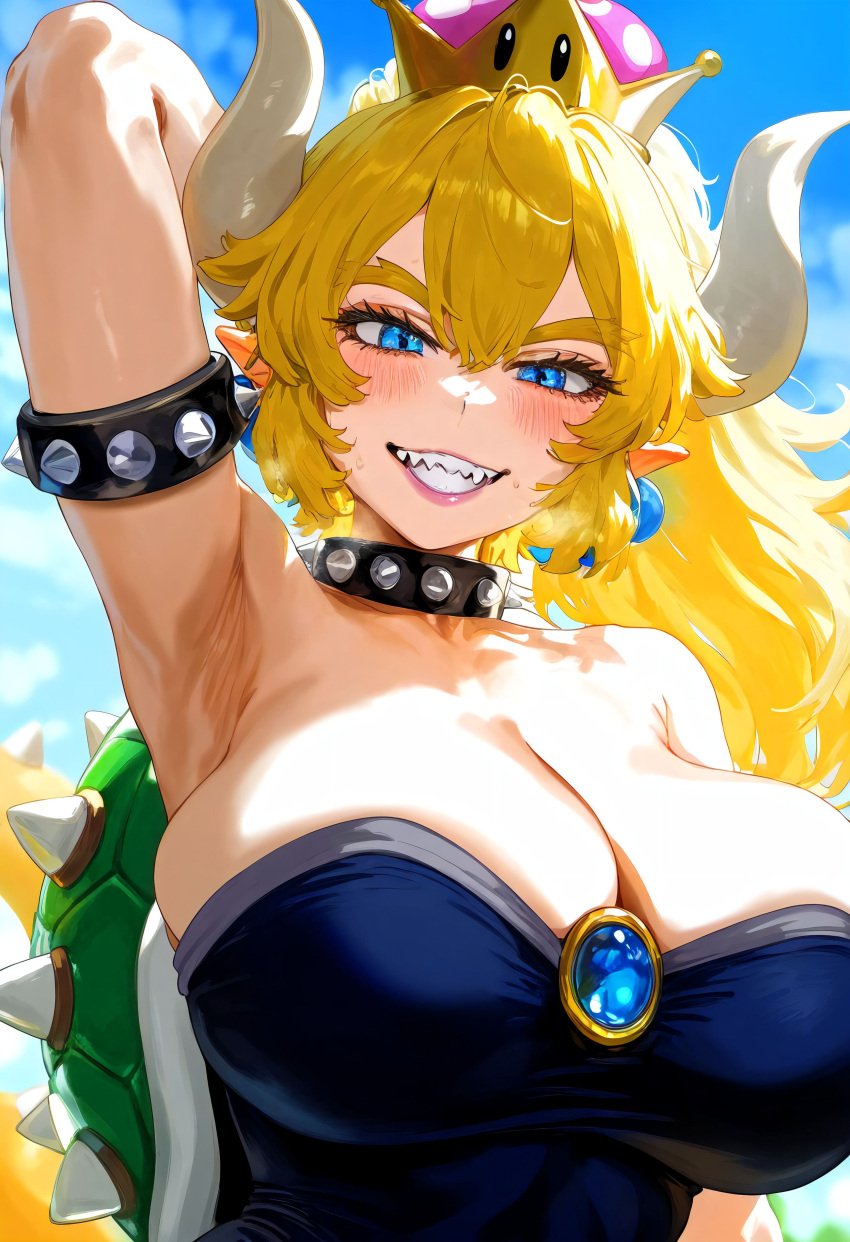 1girls ai_generated arms_behind_head big_breasts blonde_hair blue_eyes blush bowsette breasts female female_only gigantic_breasts gintoai huge_breasts long_hair looking_at_viewer super_mario_bros. super_smash_bros. tagme