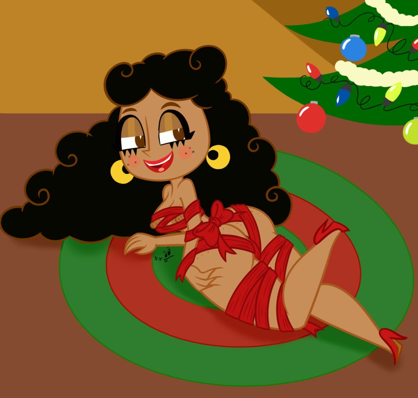 1girls 2020 artist_signature black_hair blush bow_(disambiguation) bow_(feature) christmas christmas_tree el_tigre female female_only holidays looking_at_another maria_rivera milf mommy mother nickelodeon nicktoons nipples nude shoes takeshi1000