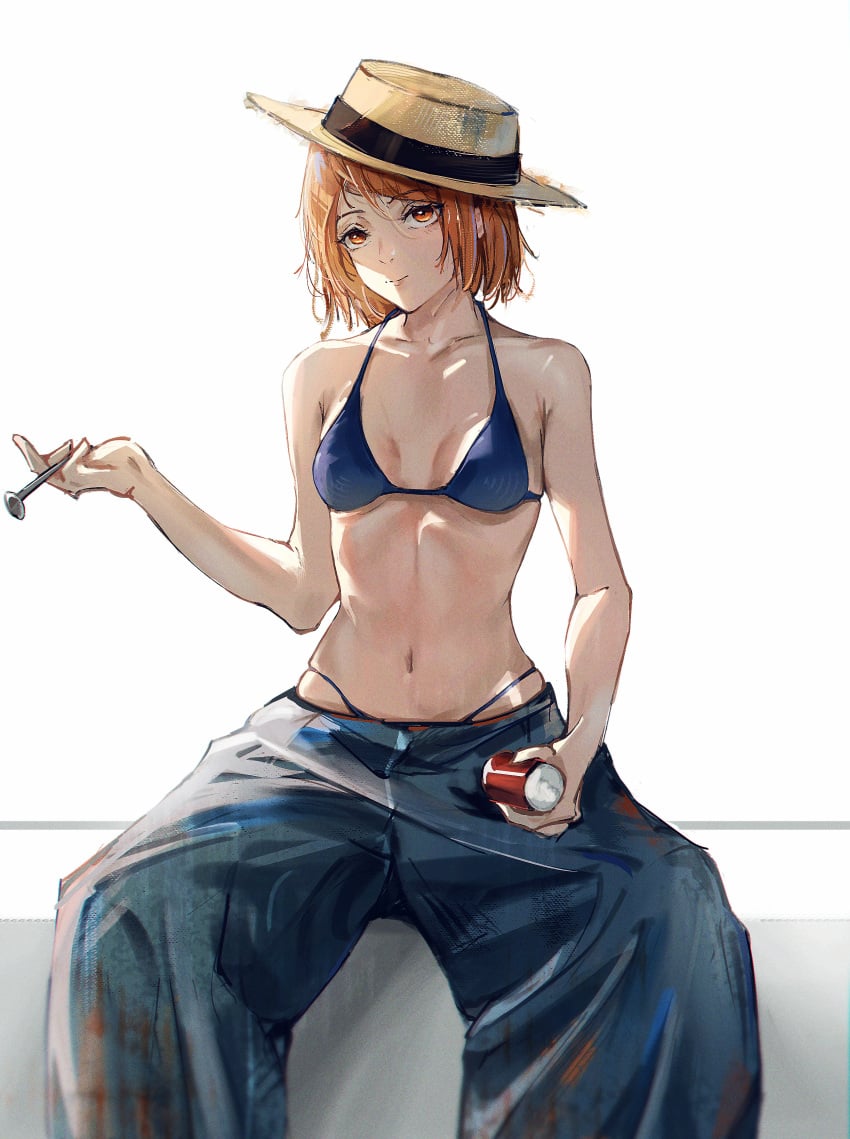 bchunger bra breasts brown_eyes brown_hair hat jujutsu_kaisen kugisaki_nobara medium_breasts straw_hat thong thong_peek