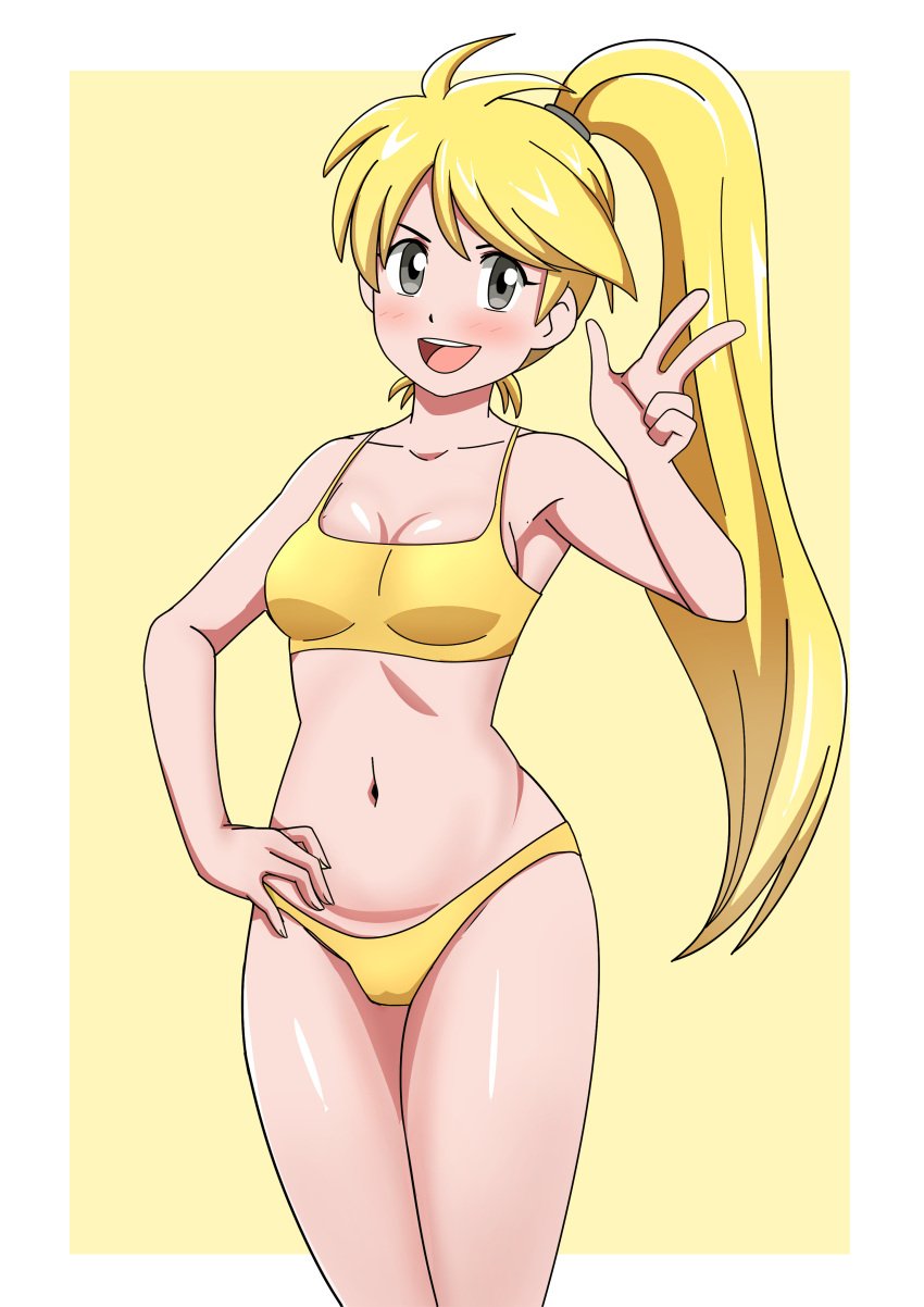 aged_up alexkonakona blonde_hair blush bra looking_at_viewer medium_breasts narrow_waist navel open_mouth panties pokemon pokemon_adventures pokemon_special ponytail v_sign yellow_(pokemon)