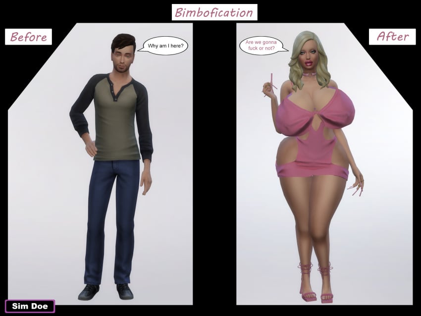 1boy 3d aronet_cullen(sim_doe) big_breasts big_lips bimbo bimbo_body bimbo_lips bimbofication bimbofied blonde_hair caption captions curvy curvy_body curvy_figure english english_text female high_heels long_nails original_character sim_doe sims sims4 sims_4 slut_collar speech_bubble the_sims the_sims_4 thick_thighs transformation