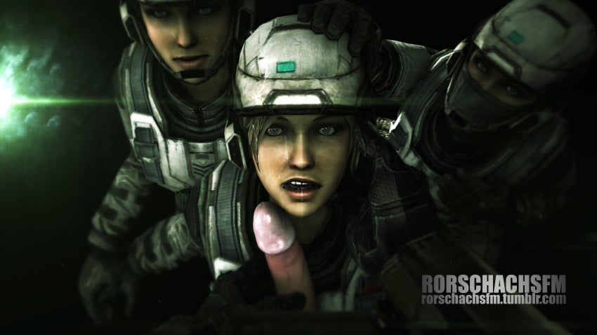 1boy 3d 3girls armor assisted_fellatio blue_eyes camo clothed_sex cum facial fellatio female female_human halo halo_(series) halo_4 halo_reach hand_on_head headgear helmet highres human looking_at_viewer male_pov master_chief microsoft multiple_girls oral penis pov rorschachsfm sex source_filmmaker teamwork unsc_marine