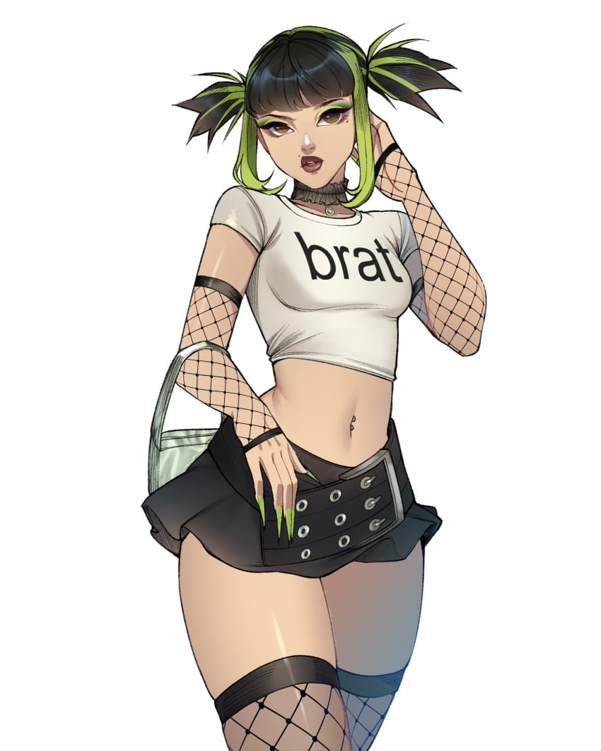 bare_midriff black_and_green_hair brat brat_(charli_xcx) choker eyeshadow female female_only fishnets fully_clothed green_hair lipstick long_fingernails long_nails makeup midriff midriff_baring_shirt miniskirt nail_polish painted_fingernails painted_nails piercing revealing_clothes simple_background skirt stitchtheartist stockings text_on_clothing thighhighs white_background