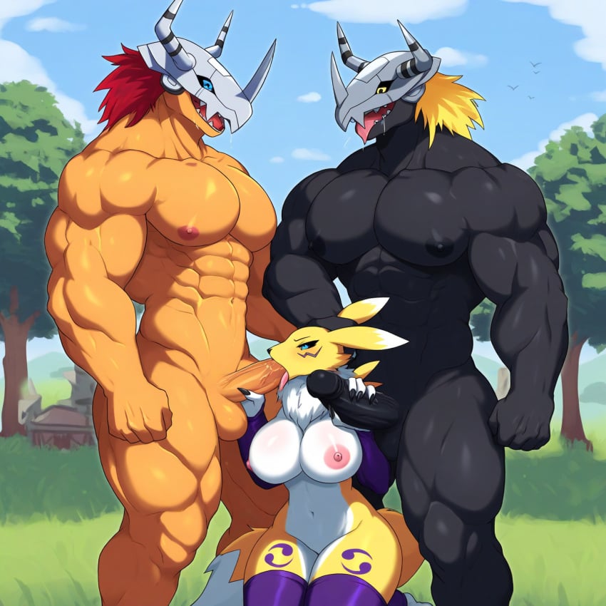 1girls 2boys ai_generated big_pecs blackwargreymon blowjob breasts digimon fellatio female genital_fluids handjob handjob_while_penetrated helmet jerking jerking_off jerking_while_penetrated male male/female muscular muscular_male nipples novelai oral outside penis precum renamon threesome valley wargreymon