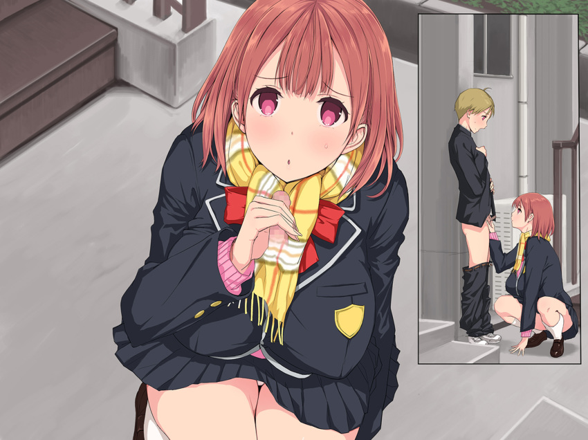 blonde_hair blush bowtie breasts brown_hair censored dmm female handjob highres huge_breasts legs looking_at_viewer looking_down looking_up mosaic_censoring pants_down penis pink_doragon pink_eyes scarf school_uniform shoes short_hair skirt small_penis socks squatting standing thighs