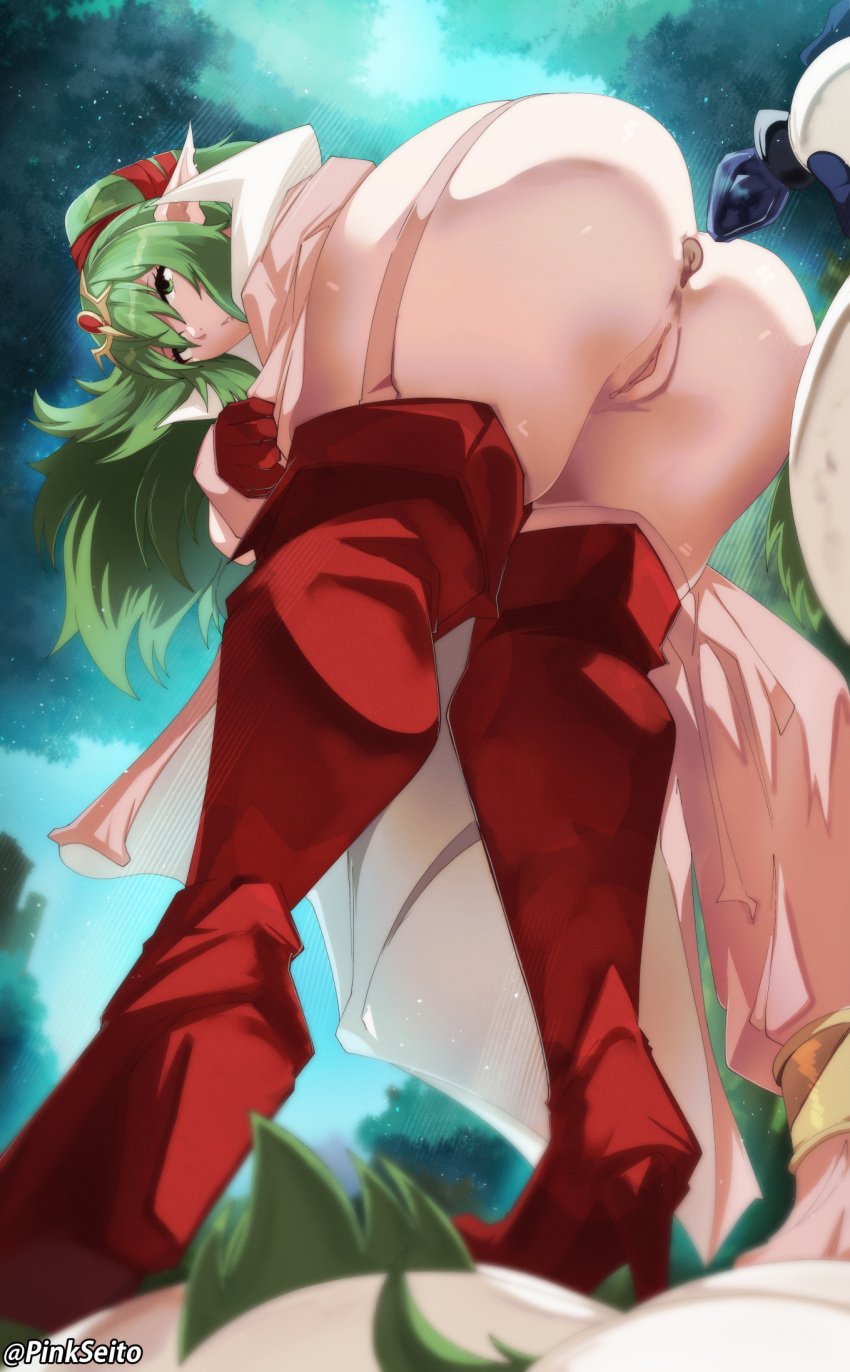 anal_tail anus boots fake_tail female fire_emblem fire_emblem_awakening from_below green_eyes green_hair highres orphen_(pink_seito) pinkseito ponytail pussy red_footwear solo tail thigh_boots tiki_(adult)_(fire_emblem) tiki_(fire_emblem) uncensored