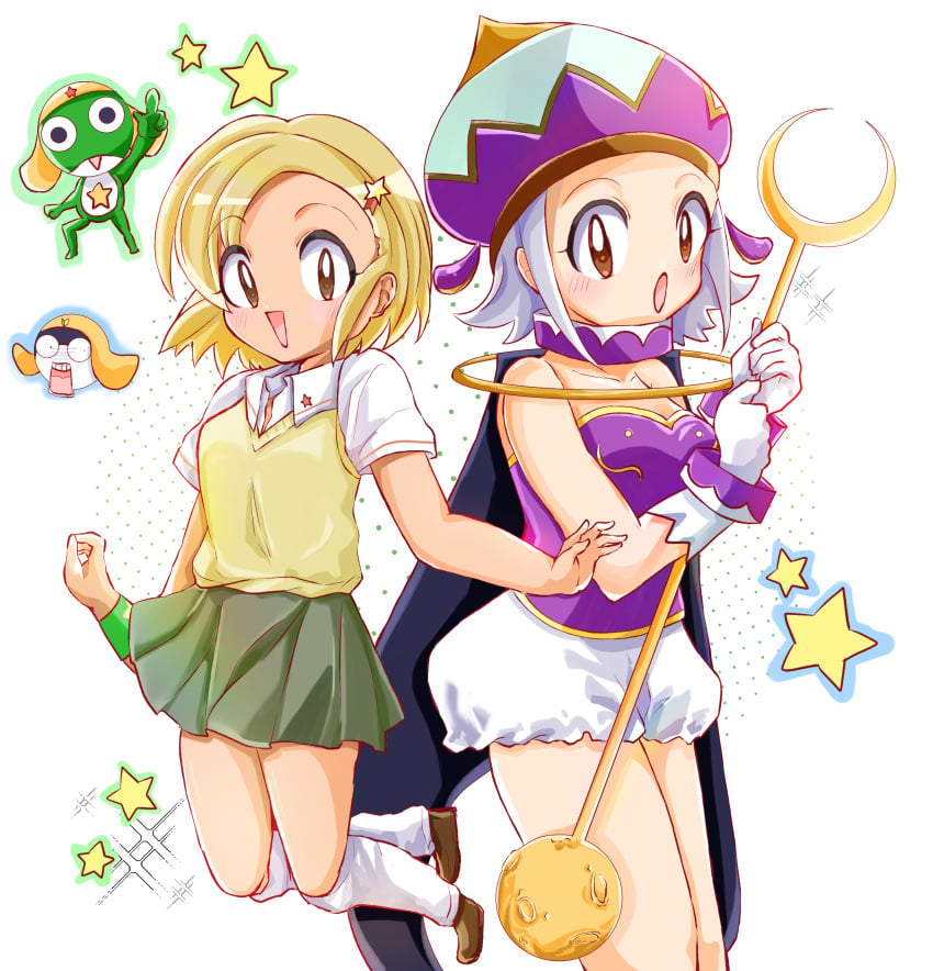 2boys 2girls absurdres angol_mois angol_mois_(angol_form) blonde_hair brown_eyes gyaru hair_ornament hairclip highres keroro keroro_gunsou multiple_boys multiple_girls school_uniform skirt tamama tan