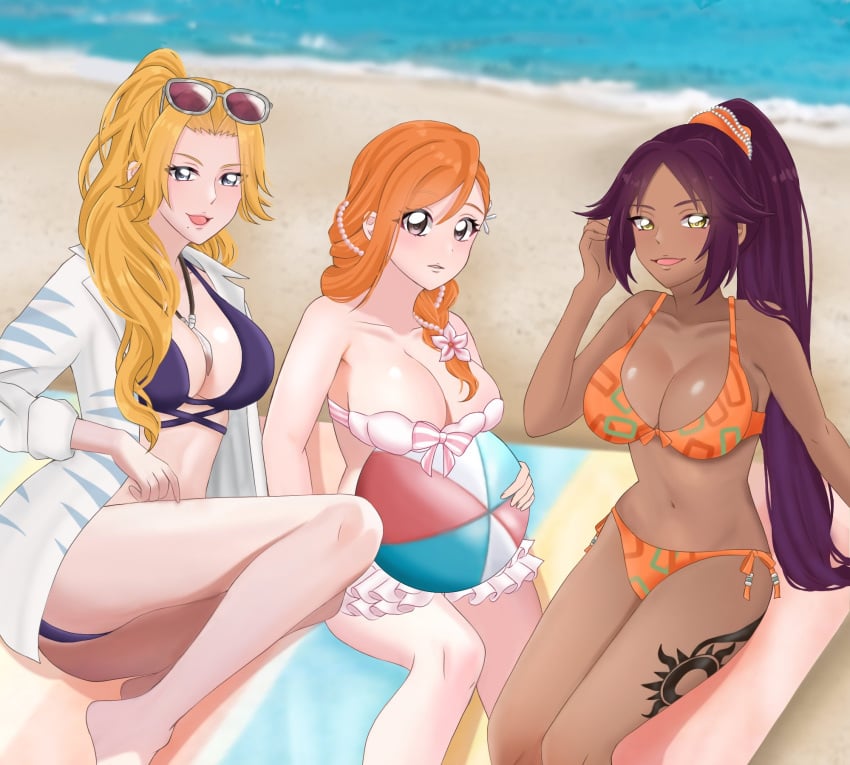 3girls ball beach beach_towel beachball bikini bleach bleach:_brave_souls blonde_hair blue_eyes breasts cleavage collarbone highres inoue_orihime large_breasts leg_tattoo long_hair matsumoto_rangiku multiple_girls navel ocean official_alternate_costume orange_hair ponytail purple_hair shihouin_yoruichi sunglasses_on_head swimsuit tattoo towel water