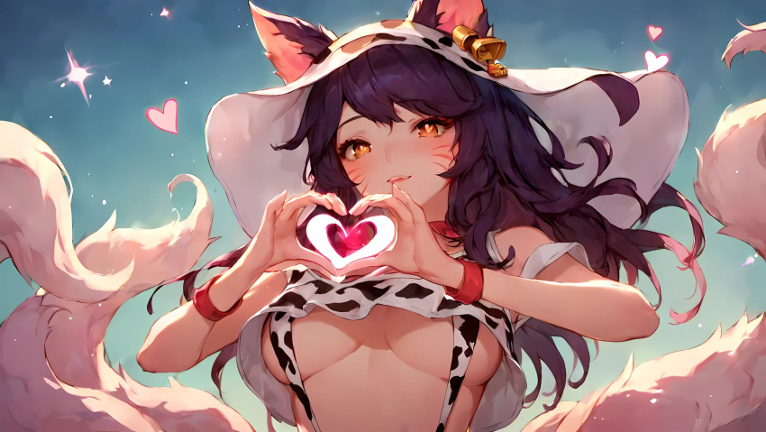 ahri ai_generated cat_ears catgirl cowbell cowgirl female female_only fox_ears foxgirl heart heart-shaped_pupils league_of_legends midriff riot_games seductive vastaya