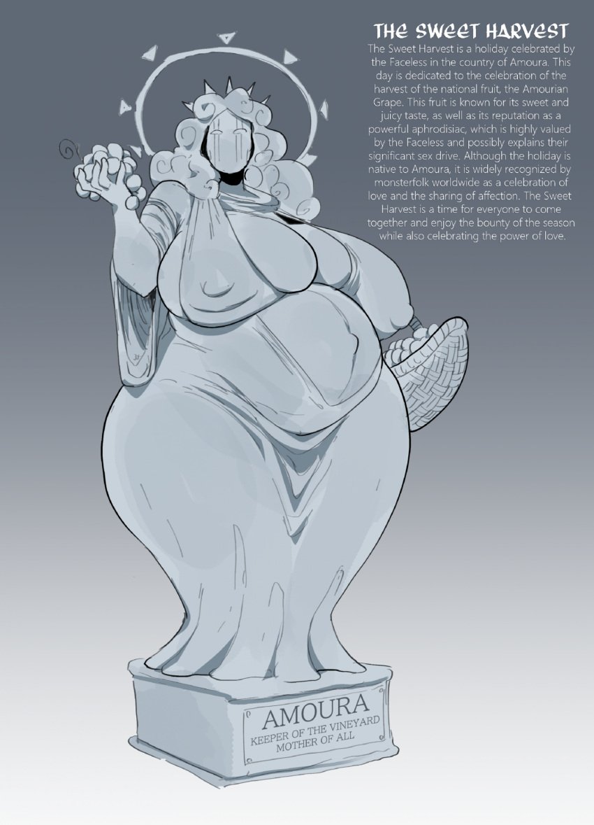 anthro basket belly big_breasts breasts clothing container deity faceless_(species) female fertility_deity fertility_symbol food fruit grape halo hi_res huge_breasts lore monster original peculiart plant pregnant pregnant_female religion robe sculpture solo statue text thick_thighs