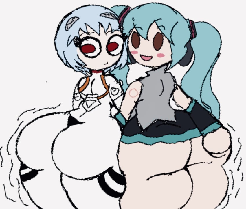 2girls ass ass_focus big_ass big_butt blue_hair blush butt_focus fufu hatsune_miku huge_ass long_hair mikudayo neon_genesis_evangelion panties plugsuit plushie plushophilia presenting_hindquarters rei_ayanami skirt twerk twerking vocaloid