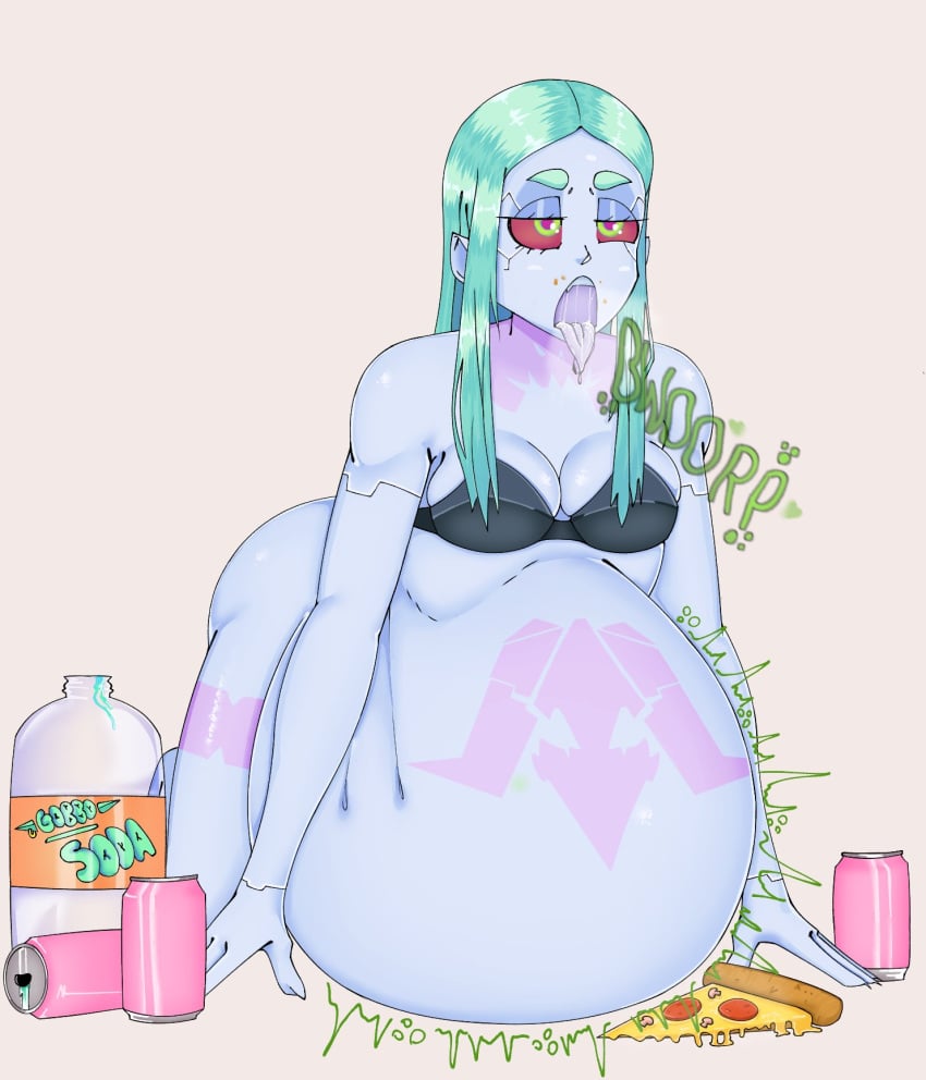 1girls ahe_gao ass big_ass big_belly big_breasts big_butt bottomless breasts burping clothing crumbs curvaceous curvy curvy_figure cyberpunk:_edgerunners eyes_rolling_back female female_only food goblitch green_eyes huge_ass long_hair mostly_nude narrowed_eyes open_mouth overeating pizza rebecca_(edgerunners) red_sclera saliva saliva_string soda soda_can solo solo_female tagme teal_hair tongue tongue_out voluptuous voluptuous_female