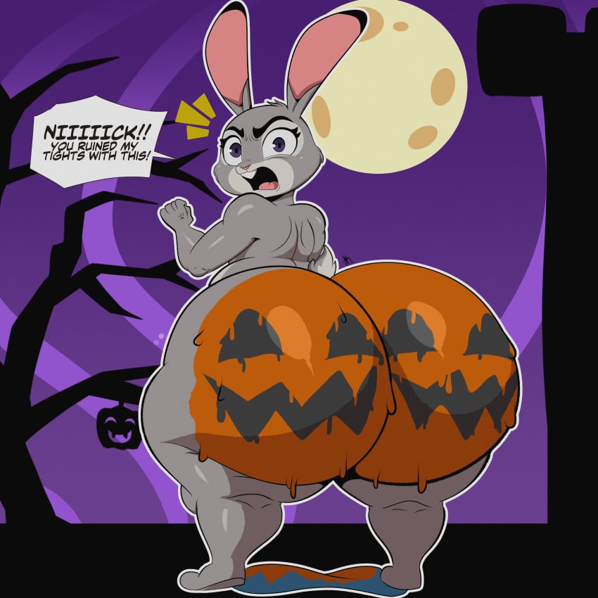 1girls angry annoyed anthro ass big_ass bodypaint bottom_heavy bubble_butt dat_ass dialogue fat_ass female female_only halloween huge_ass judy_hopps lagomorph large_ass looking_at_viewer looking_back massive_ass mrxrickyx nude nude_female pumpkin_butt rabbit solo text thick_ass thick_thighs wide_hips zootopia