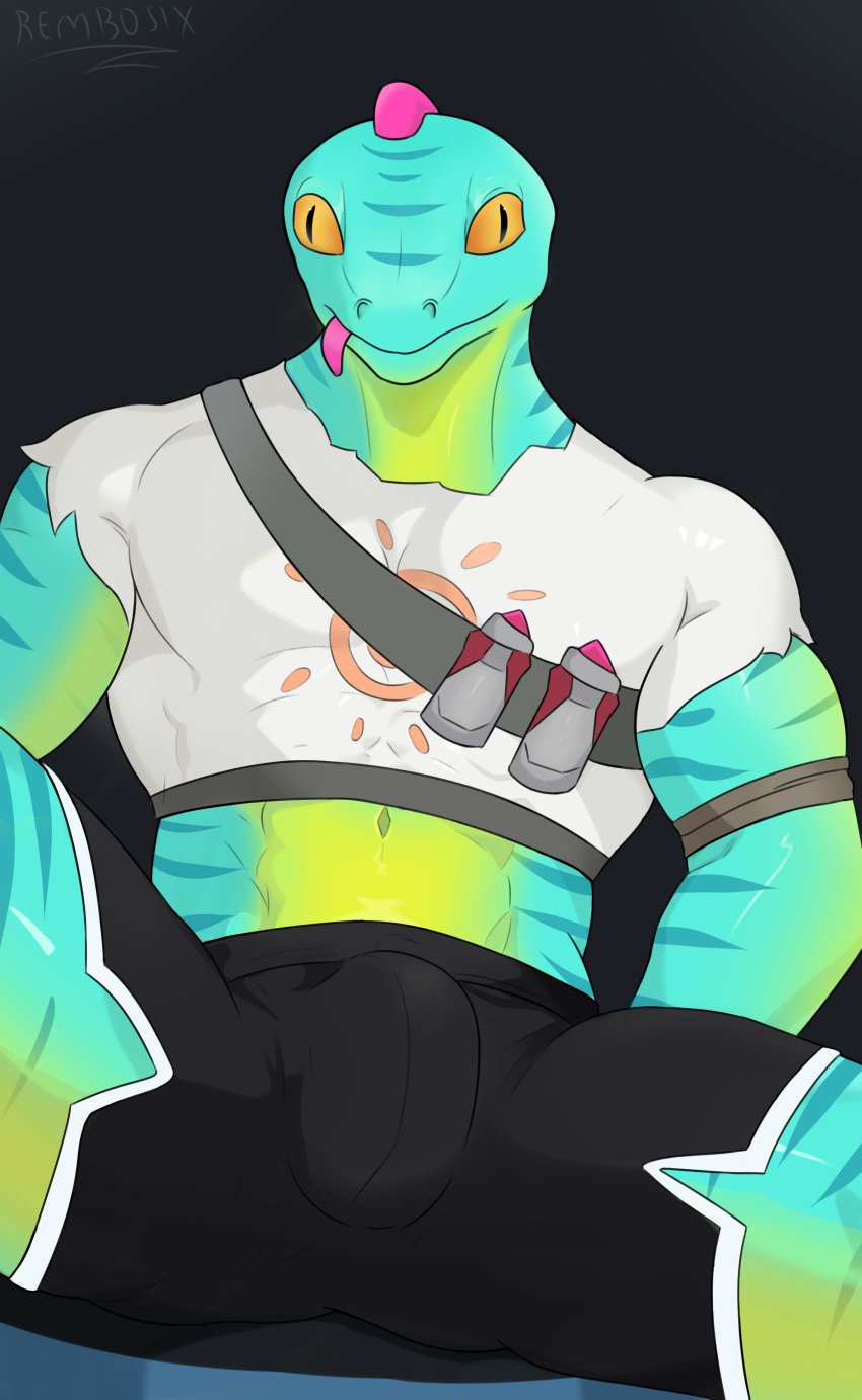 1boy anthro clothed clothing fortnite grey_body lizard lizzik_(fortnite) male male_only pants reptile scales smile solo_male t-shirt tongue