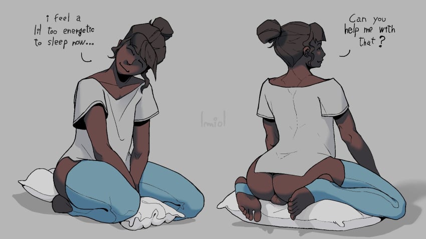 1boy ass ass_exposed blue_thighhighs brown_hair closed_eyes closed_mouth closed_smile cropped_shirt dark-skinned_femboy dark-skinned_male dark_hair dark_skin exposed_ass exposed_balls exposed_butt exposed_testicles gray_background hairbun imiol imiol_(sona) male male_only on_pillow pillow shirt sitting smile solo solo_focus solo_male t-shirt testicles thigh_highs thighhighs tied_hair