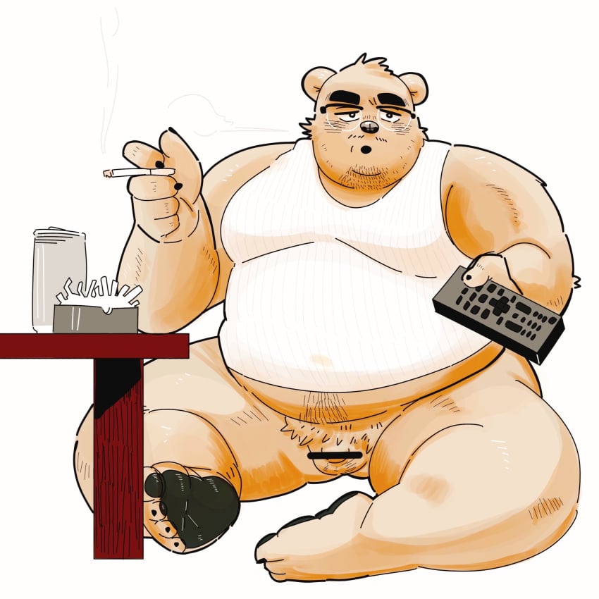 1:1 2024 anthro balls bear belly big_belly censored devour1129 eyewear feet genitals glasses hi_res humanoid_hands kemono male mammal micropenis overweight overweight_male penis sitting small_penis smoking solo