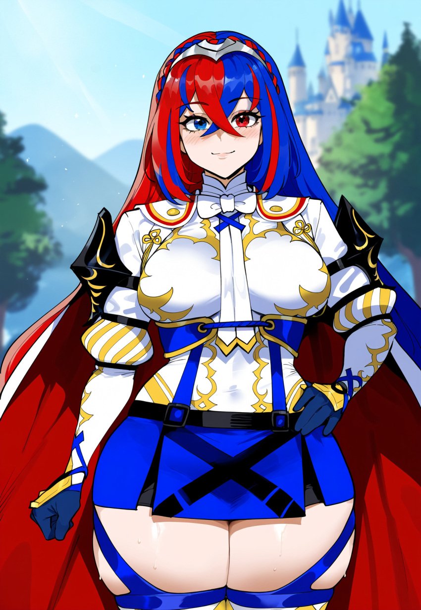 ai_generated alear_(female)_(fire_emblem) armor black_shorts blue_eyes blue_hair blue_skirt creamy_ai curvy fire_emblem heterochromia large_breasts red_eyes red_hair shorts_under_skirt thick_thighs thighhighs two_tone_hair wide_hips