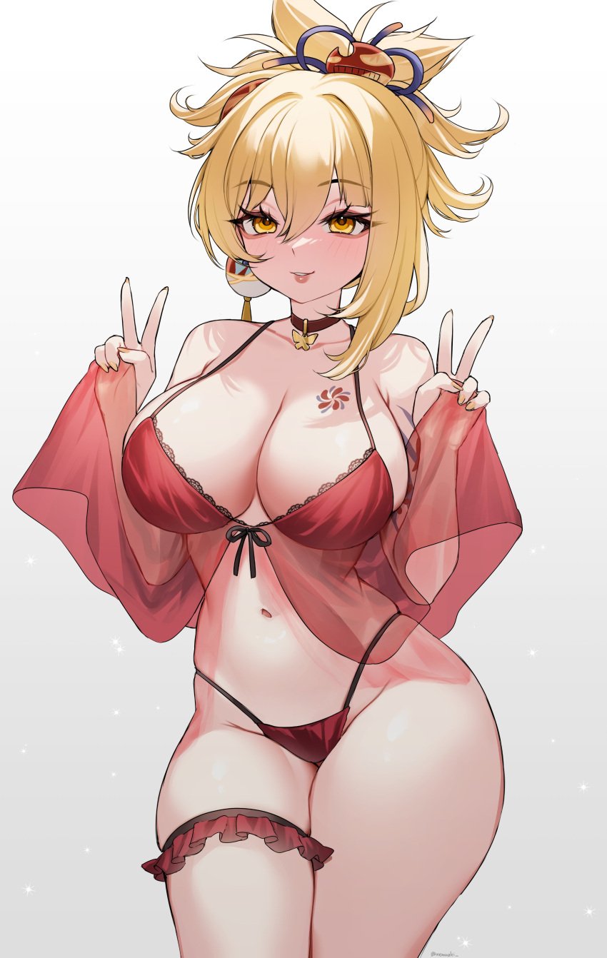 1girls 2d 2d_(artwork) alternate_breast_size alternate_costume babydoll babydoll_lingerie belly_button big_breasts blonde_hair female female_focus female_only front_view genshin_impact high_resolution highres hoyoverse huge_breasts light-skinned_female light_skin looking_at_viewer mihoyo navel nemuaki red_thong sexy simple_background slim_girl solo standing suggestive suggestive_look thighs thong voluptuous voluptuous_female white_background yellow_eyes yoimiya_(genshin_impact) young younger_female