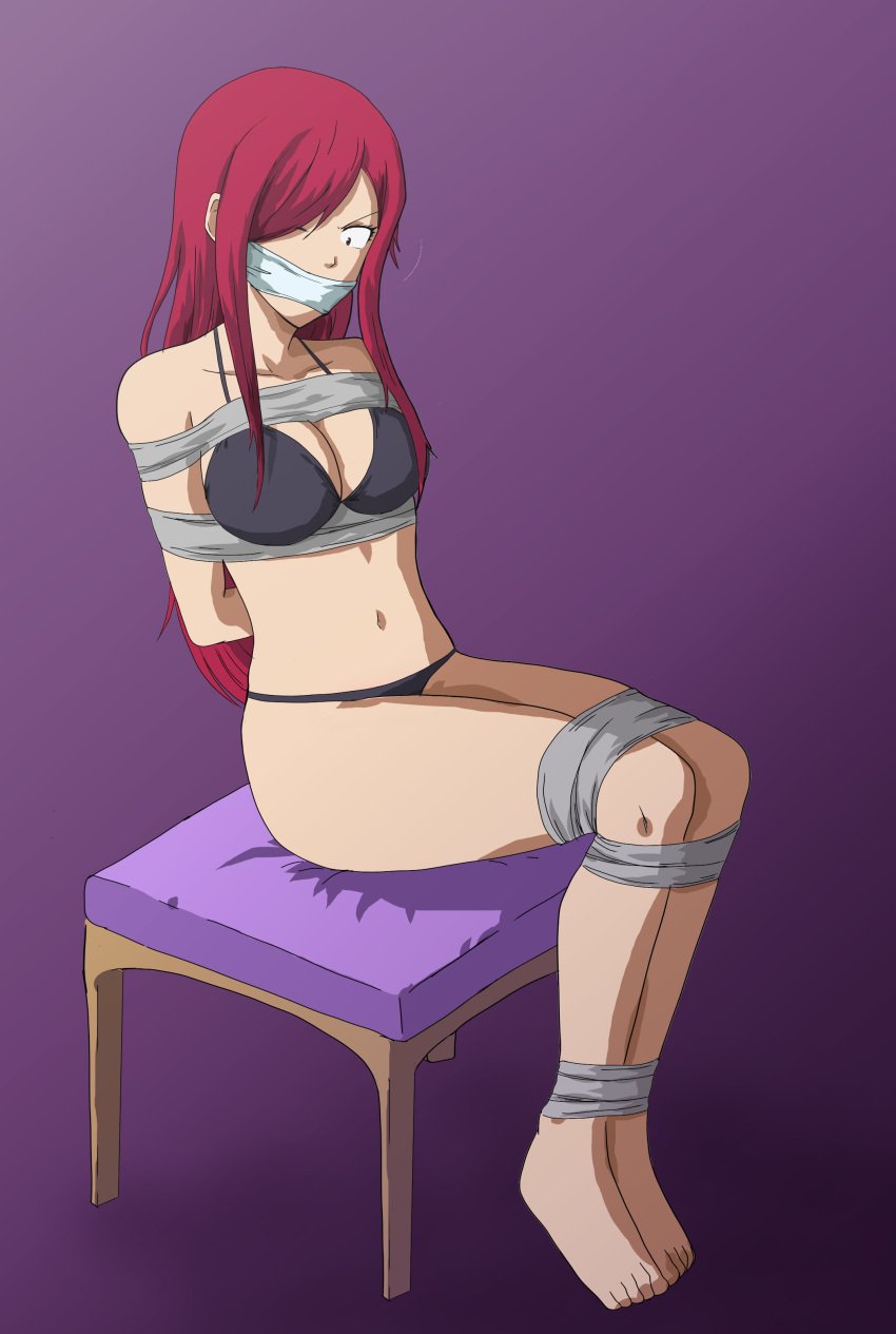 1girls bikini bikini_bottom bikini_only bikini_top damsel_in_distress erza_scarlet fairy_tail female gagged hiro_mashima racso_art solo solo_female solo_only tied_up