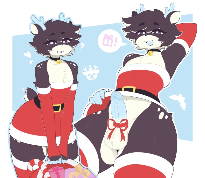 1boy ? anthro antlers armwear bell_collar blue_eyes christmas_outfit deer exqmaster femboy furry gift_box male_only penis presents ribbon short_dress skirt_lift smile smiling_at_viewer thick_thighs thighhighs