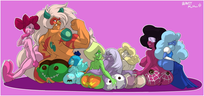 8girls amethyst_(steven_universe) anus aquamarine_(steven_universe) big_ass black_hair blonde_hair blue_hair blue_skin bodypaint breasts garnet_(steven_universe) gem_(species) grabbing_ass green_skin harvey_mutton jasper_(steven_universe) muscular_female only_female orange_skin pale_skin peridot_(steven_universe) pink_skin purple_hair purple_skin pussy red_hair red_skin sadie_miller sapphire_(steven_universe) sitting spinel_(steven_universe) steven_universe thick_thighs viewed_from_behind white_hair yellow_hair