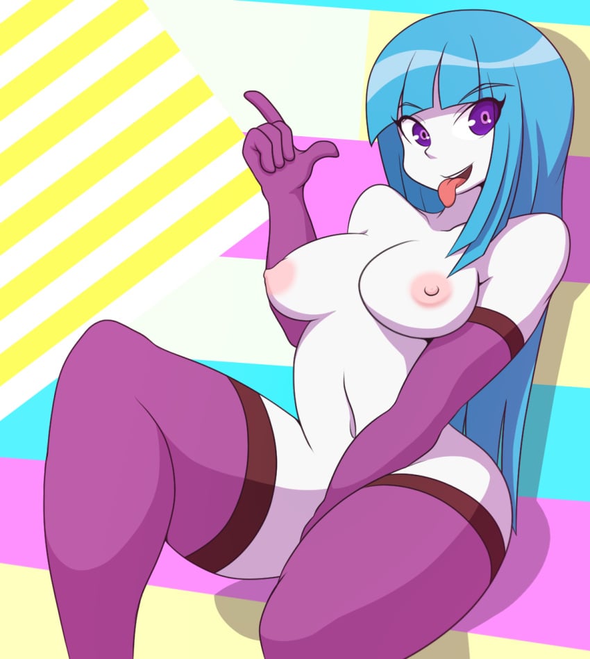 1girls abstract_background blue_hair breasts female gloves large_breasts maishida me!me!me! meme_(me!me!me!) puffy_nipples purple_eyes solo stockings tongue_sticking_out