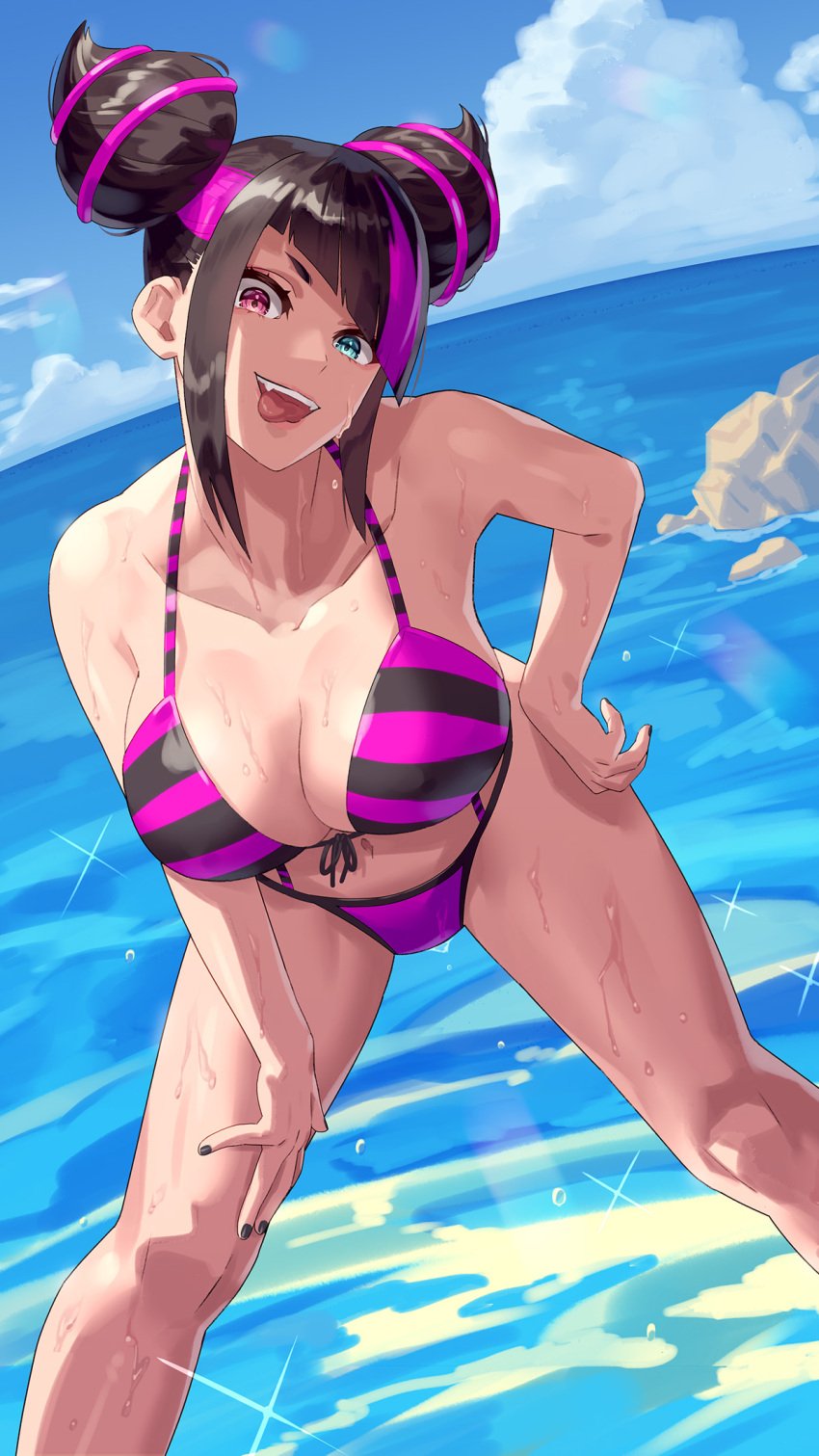 1girls bikini black_hair breasts capcom cleavage cloud collarbone drill_hair dripping female hair_horns hand_on_own_hip highres juri_han large_breasts looking_at_viewer multicolored_hair nail_polish navel purple_eyes shore short_hair sky smile solo street_fighter striped_bikini striped_clothes swimsuit tongue tongue_out twin_drills water yagi2013