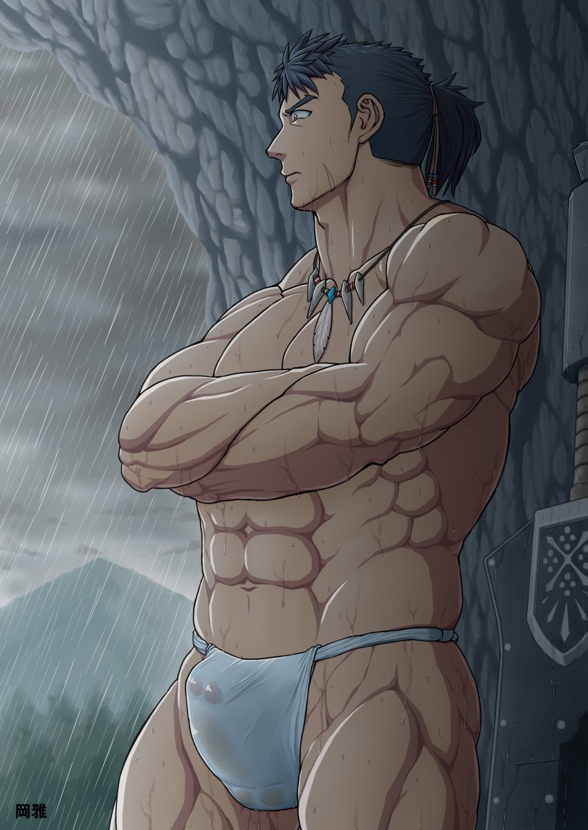 1boy abs balls bara beefy big_balls big_penis black_hair bulge bulge_through_clothing capcom cloudy_sky crossed_arms field_team_leader frown fundoshi fundoshi_only genital_outline great_sword hi_res long_hair looking_away male male_only mature_male miyabi13783794 monster_hunter monster_hunter_world muscles muscular muscular_arms muscular_ass muscular_legs muscular_male muscular_thighs necklace pecs ponytail raining rokushaku_fundoshi scar scar_on_face solo stern_expression thick_arms thick_thighs topless tough_guy transparent_clothing underwear_only v-shaped_eyebrows very_high_resolution wet wet_body wet_clothes wet_fundoshi white_fundoshi yellow_eyes