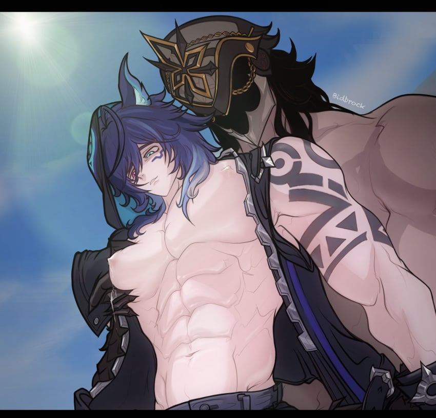 abs arm_tattoo bara bara_tits bidbrock big_pecs blue_hair capitano_(genshin_impact) erect_nipples from_behind gay genshin_impact grope groping groping_from_behind groping_pecs heterochromia male male_focus male_lactation male_only multicolored_hair muscular muscular_male nipples ororon_(genshin_impact) pecs tattoo yaoi