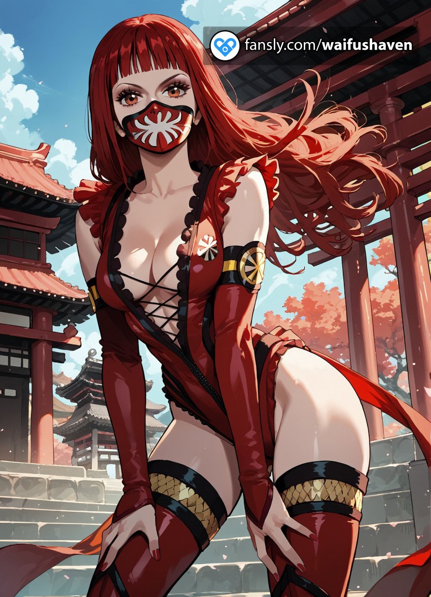 ai_generated breasts female ginger long_hair looking_at_viewer mortal_kombat ninja red_eyes red_hair red_head skarlet solo