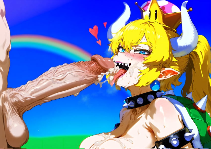 1boy 1girls ai_generated armlet big_breasts big_thighs blonde_hair blowjob blue_eyes blush bowsette bracelet breasts collar crown cum cum_on_breasts cum_on_mouth earrings fellatio female female/male female_focus half-closed_eyes hearts horns light-skinned_female light-skinned_male light_skin lips lipstick looking_at_viewer male male/female mario_(series) nintendo pink_lipstick pointy_ears rainbow sharp_teeth shell spiked_armlet spiked_bracelet spiked_collar spiked_shell thick_eyebrows thighs tongue tongue_out