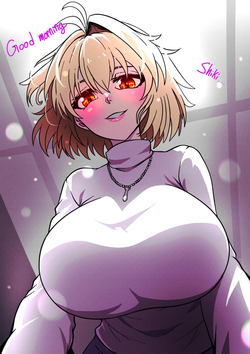 absurdres antenna_hair arcueid_brunestud big_breasts blonde_hair blush breasts english_text female from_below fukou fukou_da_man highres huge_breasts indoors jewelry large_breasts looking_at_viewer looking_down pendant pov red_eyes short_hair solo sweater top_heavy tsukihime tsukihime_(remake) white_sweater