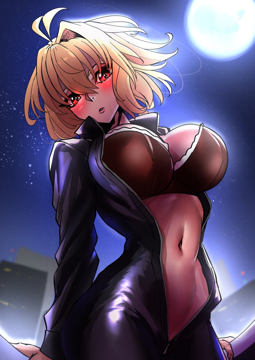 ahoge alternate_breast_size arcueid_brunestud ass big_breasts black_bodysuit blonde_hair blush bodysuit bra breasts breasts_bigger_than_head cleavage color curvy curvy_figure fukou_da_man hips huge_breasts jumpsuit large_breasts lips looking_at_viewer melty_blood midriff navel presenting red_eyes shapely short_hair skirt_down thick thick_legs thick_thighs top_heavy tsukihime tsukihime_(remake) type-moon unzip unzipped unzipped_bodysuit vampire vampire_girl wide_hips