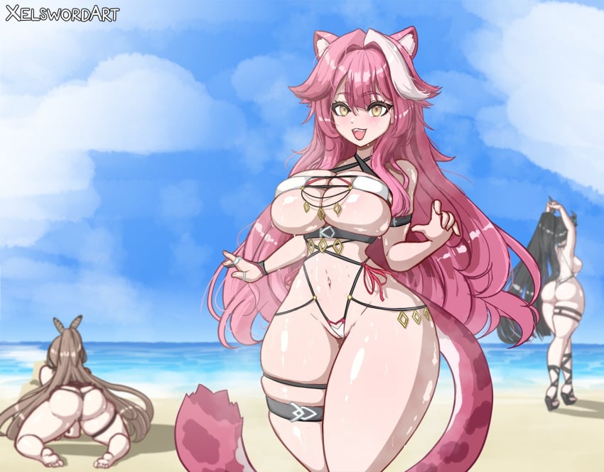 3girls animal_ears animal_tail ass bikini blush breasts breath busty child_bearing_hips commentary_request curvaceous curvy female female_focus female_only highres hololive hololive_english hololive_english_-advent- hololive_english_-council- hololive_english_-justice- hololive_english_-promise- hourglass_figure huge_ass huge_breasts light-skinned_female light_skin long_hair looking_at_viewer nanashi_mumei nerissa_ravencroft panther_ears panther_girl panther_tail pink_hair raora_panthera seductive smile smiling_at_viewer suggestive sweat swimsuit thick thick_ass thick_thighs virtual_youtuber voluptuous wide_hips xelsword