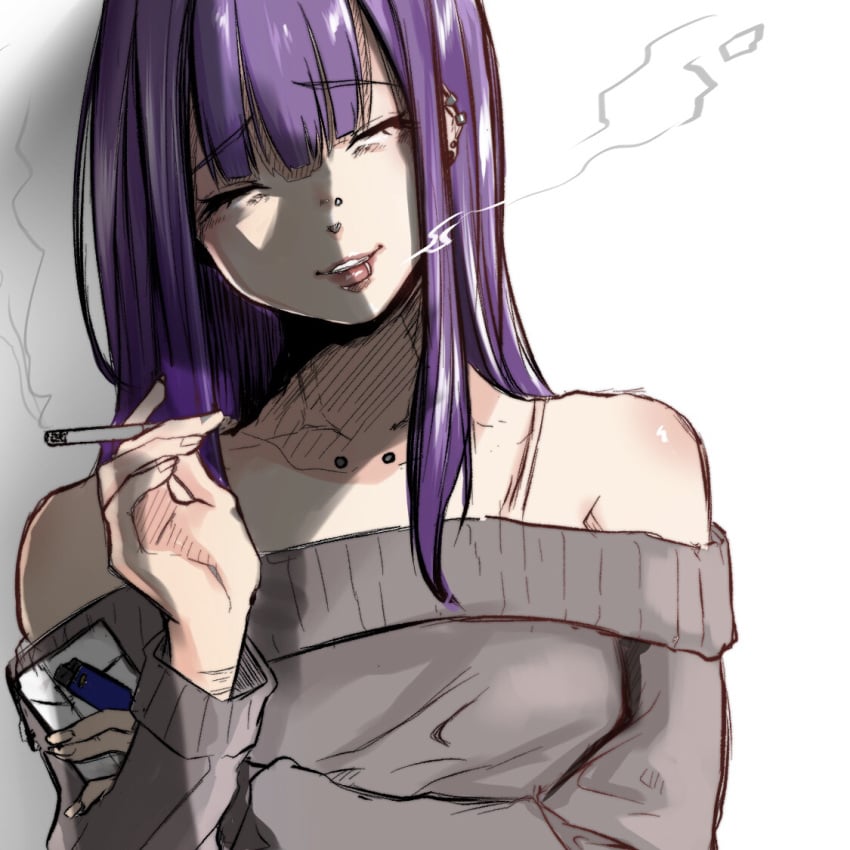 1girls bare_shoulders body_piercing cigarette cigarette_pack closed_eyes ear_piercing grey_sweater lighter multiple_piercings nose_piercing open_mouth purple_hair smile smiling smiling_at_viewer smoking smoking_cigarette solo solo_female sweater