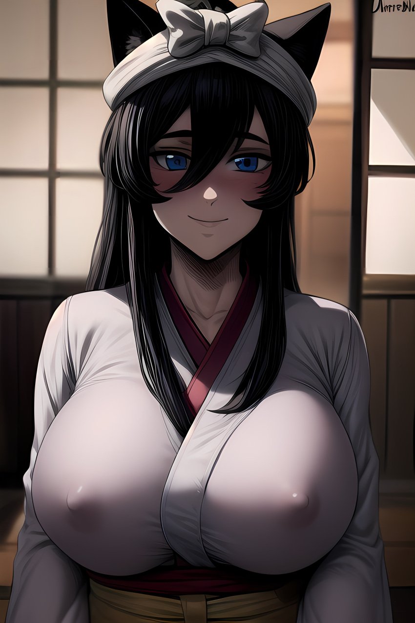 1girls ai_generated black_hair blue_eyes female female_focus female_only kimono looking_at_viewer looking_pleasured mature_female miko milf nipples nipples_visible_through_clothing