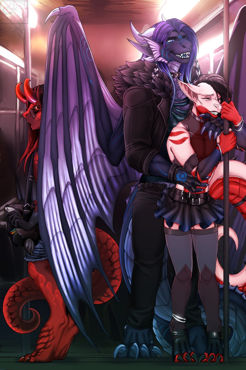 anthro bebl being_watched claws clothed clothing collar crossdressing dragon duo femboy finn_(phantomfin) hi_res horn looking_at_another male male/male mythological_creature mythological_scalie mythology open_mouth open_smile public public_sex public_transportation scalie sex sharp_teeth size_difference smile standing tail teeth wings