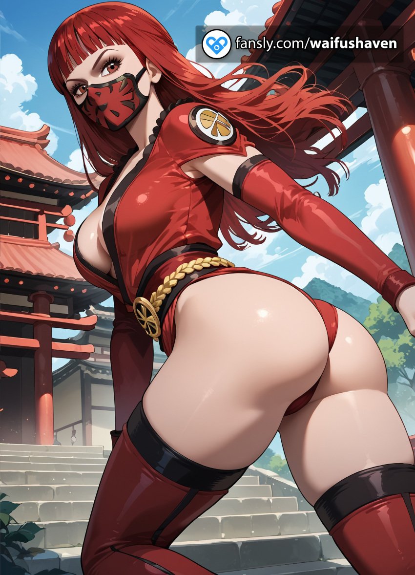 ai_generated ass ass_focus breasts female ginger long_hair looking_back mortal_kombat ninja red_eyes red_hair red_head skarlet solo