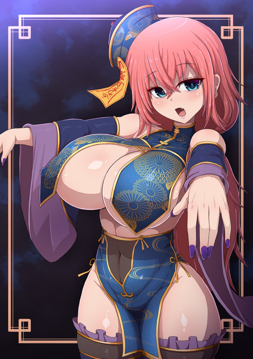 1girls breasts character_request chinese_clothes cleavage copyright_request female huge_breasts jiangshi jiangshi_costume light-skinned_female light_skin light_skinned_female long_hair naughty_face pink_hair ponpo wide_hips