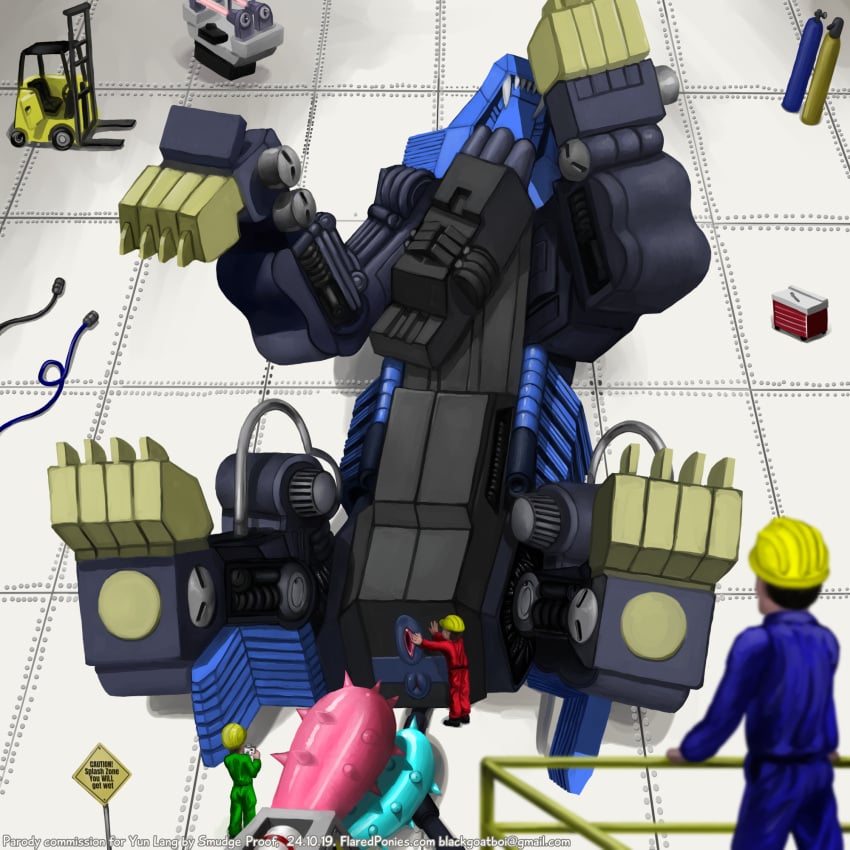 1:1 ambiguous_gender anus armor clothing dildo female feral forklift genitals group hangar hard_hat headgear helmet hi_res human jumpsuit machine mammal mecha pussy railing robot sex_toy shield_liger sign size_difference smudge_proof spiked_dildo wire zoids