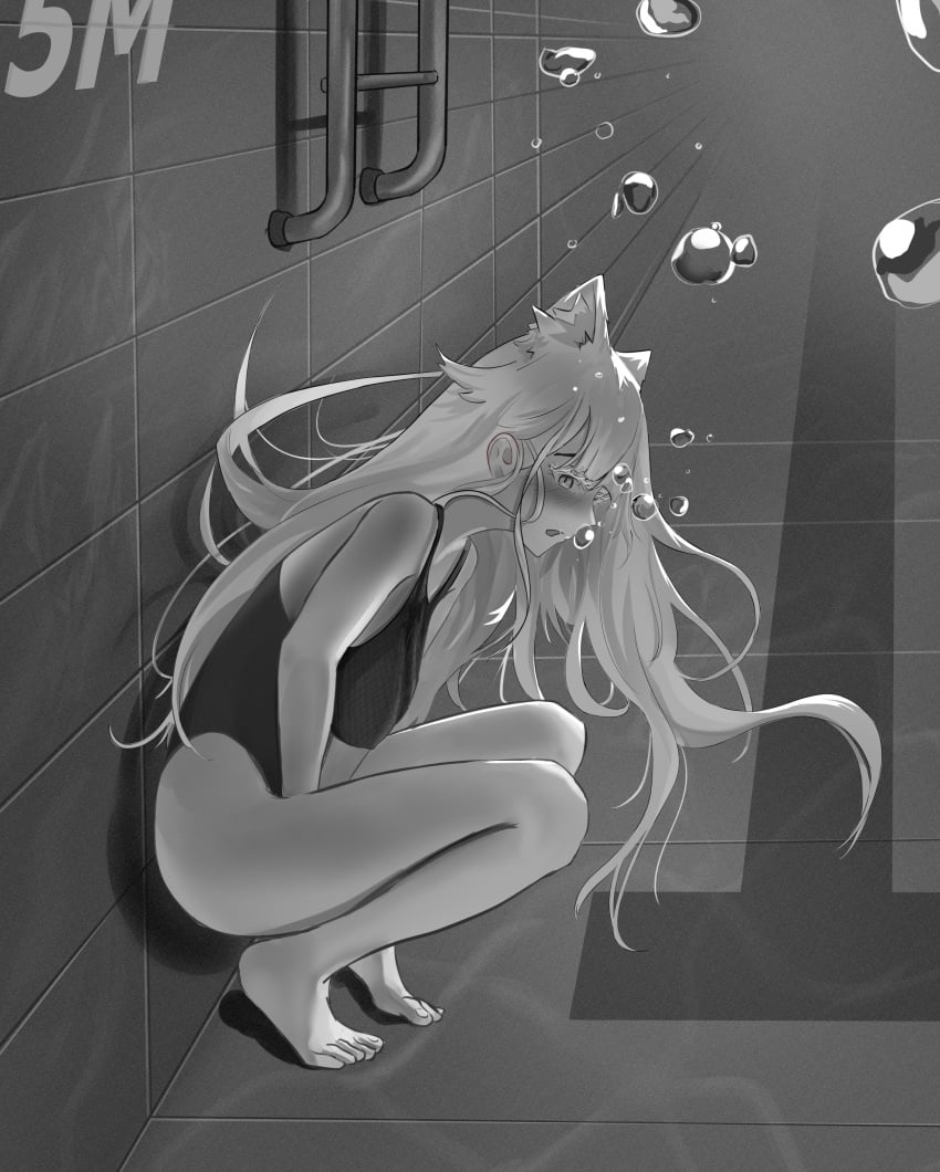 air_bubbles blush cat_ears marima666_(artist) masturbation swimming_pool swimsuit underwater water