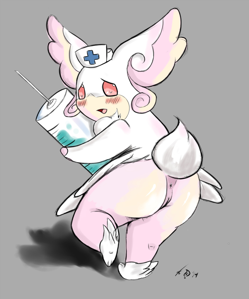 anus ass audino blush dark_kitsunez female fur looking_at_viewer mega_audino mega_evolution nintendo nurse plain_background pokemon pussy red_eyes shadow solo standing syringe video_games white_fur